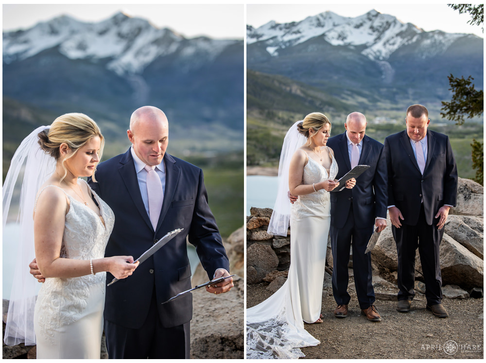 Wedding vows at a sunset wedding at Sapphire Point in Colorado
