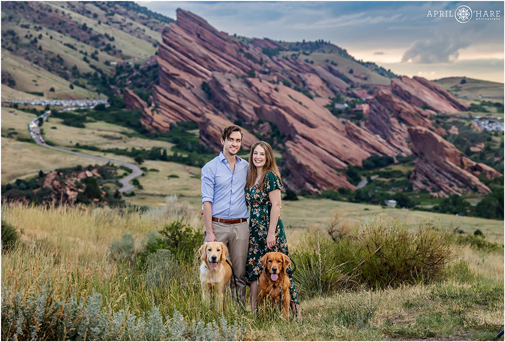 Beautiful summer family photos near Red Rocks with two cute dogs at East Mount Falcon Trailhead