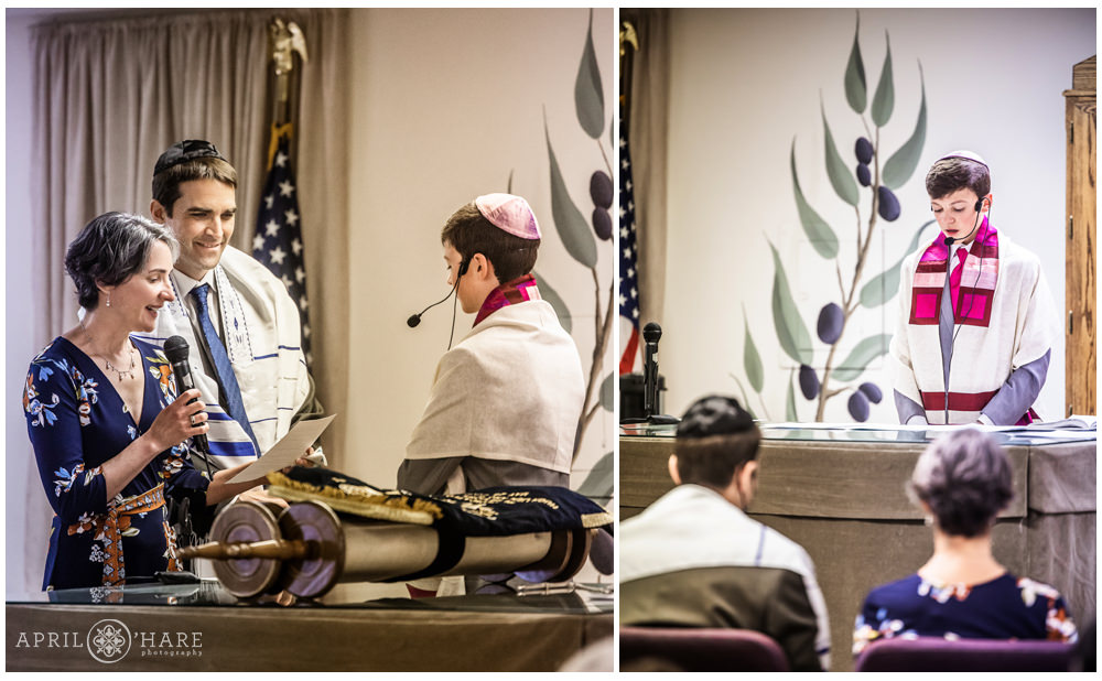 Parents of a bar mitzvah boy with their son as he leads his bar mitzvah service in Colorado