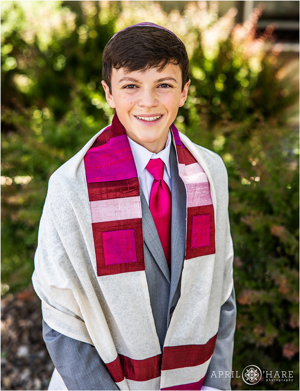 Outdoor portrait of a bar mitzvah boy at Temple B'Nai Chaim in Lakewood Colorado