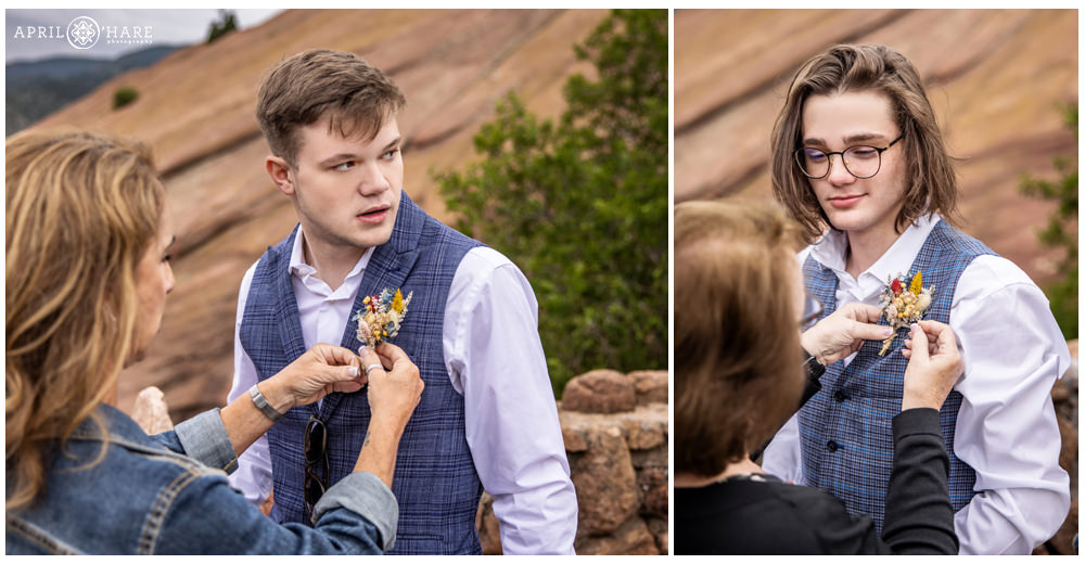 Bride's sons get help with their boutonnieres at Red Rocks Trading Post Wedding