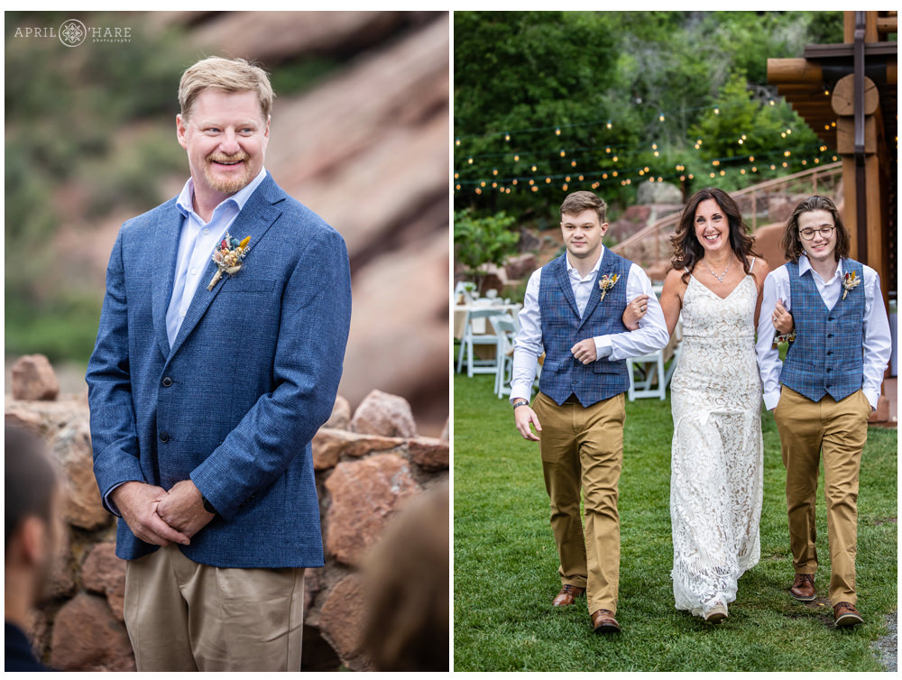 Groom sees his bride walk down the aisle with her two sons at their Red Rocks wedding