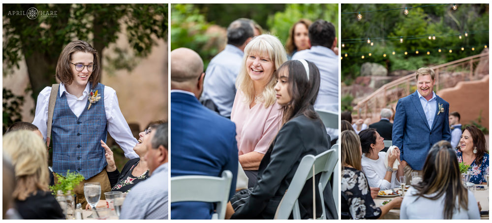 Photo collage with scenes of guests enjoying themselves at an outdoor summer wedding reception dinner at the Red Rocks Trading Post