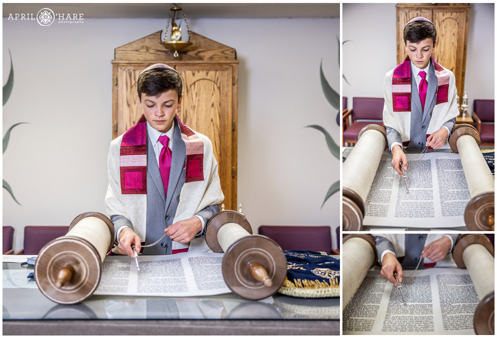 Bar mitzvah boy reading from the Torah on the day of his bar mitzvah in Colorado