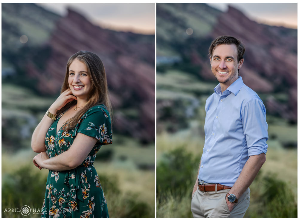 Headshots for a married couple at sunset with Red Rocks Backdrop in Colorado