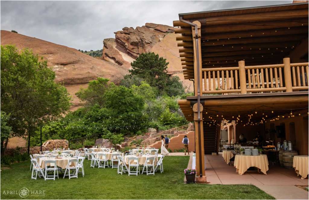 Red Rocks Trading Post Backyard all set up for a simple outdoor wedding reception dinner in Colorado