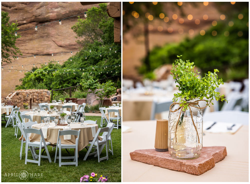Backyard garden wedding with round tables set up for Red Rocks Trading Post reception