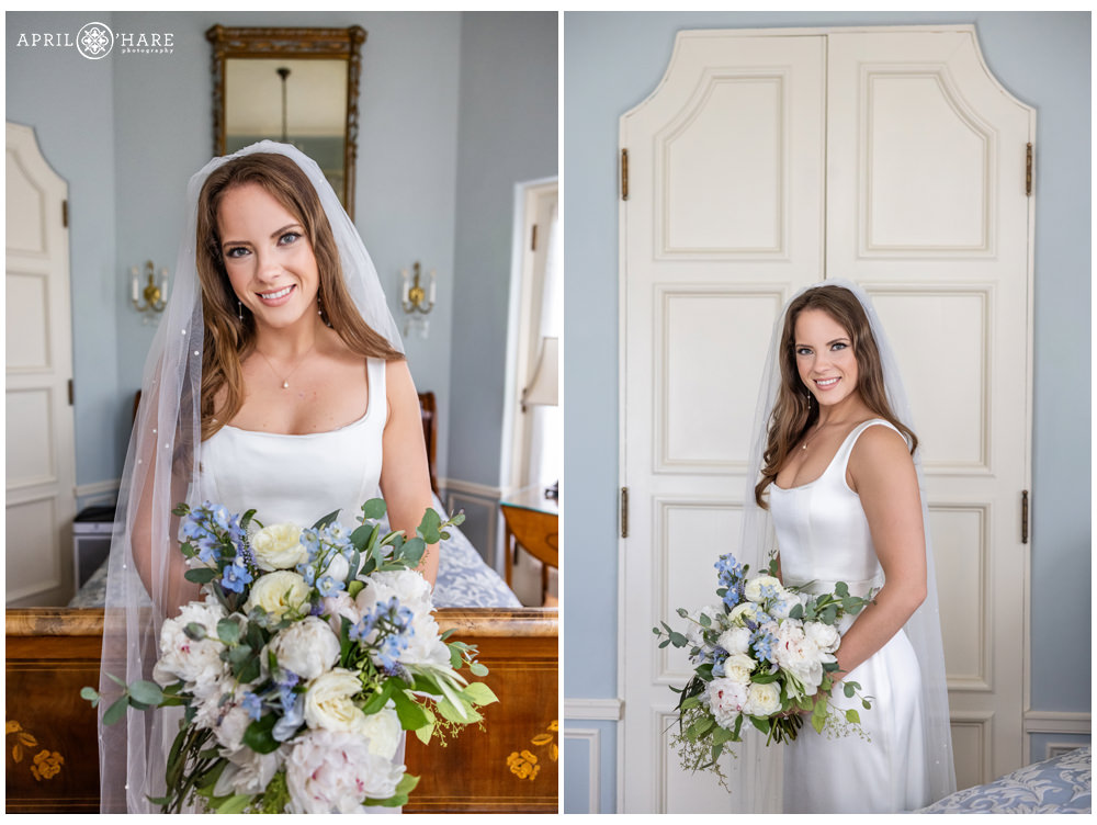 Pretty bride portrait in a pale blue painted historic room at Cherokee Ranch and Castle