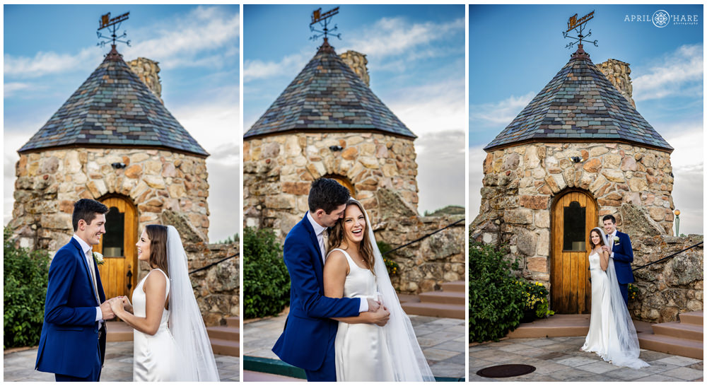 Photo collage of a bride and groom in front of a castle turret at Cherokee Ranch and Castle in Colorado