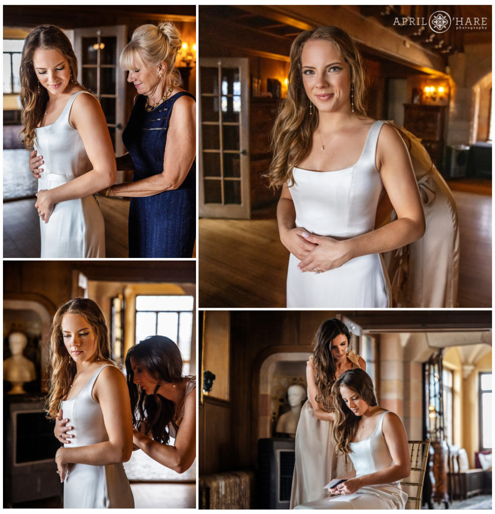 Photo collage of a bride getting help from her family with her dress inside a historic castle