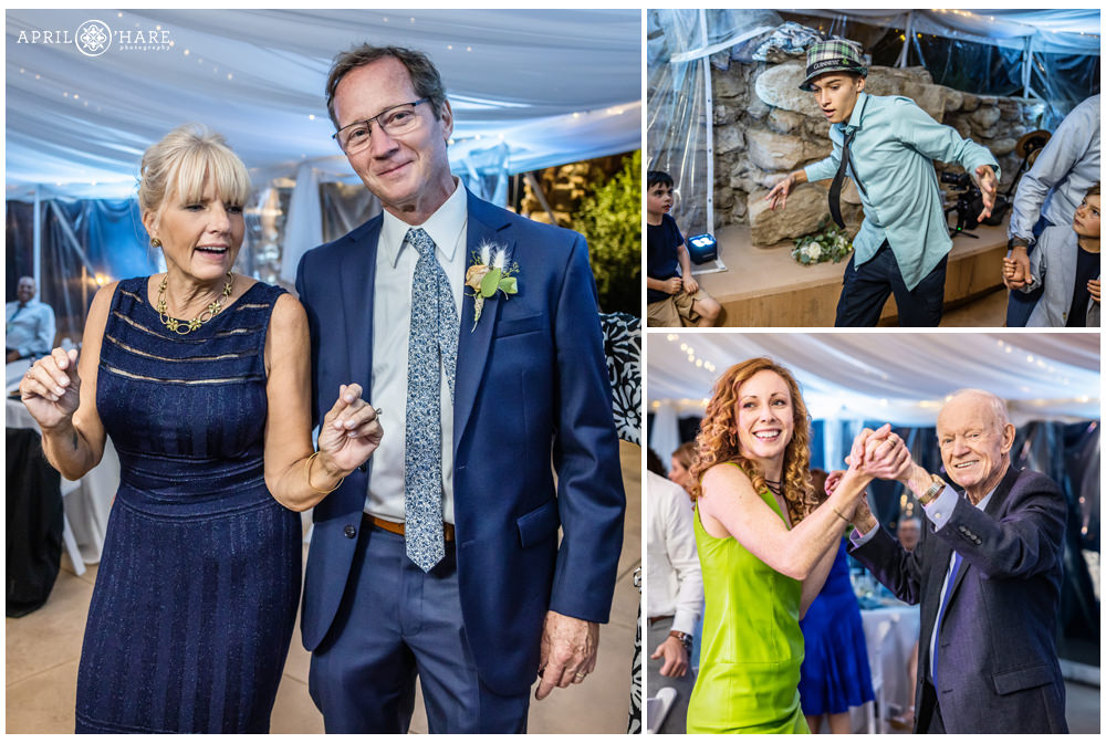 Photo collage of wedding guests dancing inside a tented wedding reception