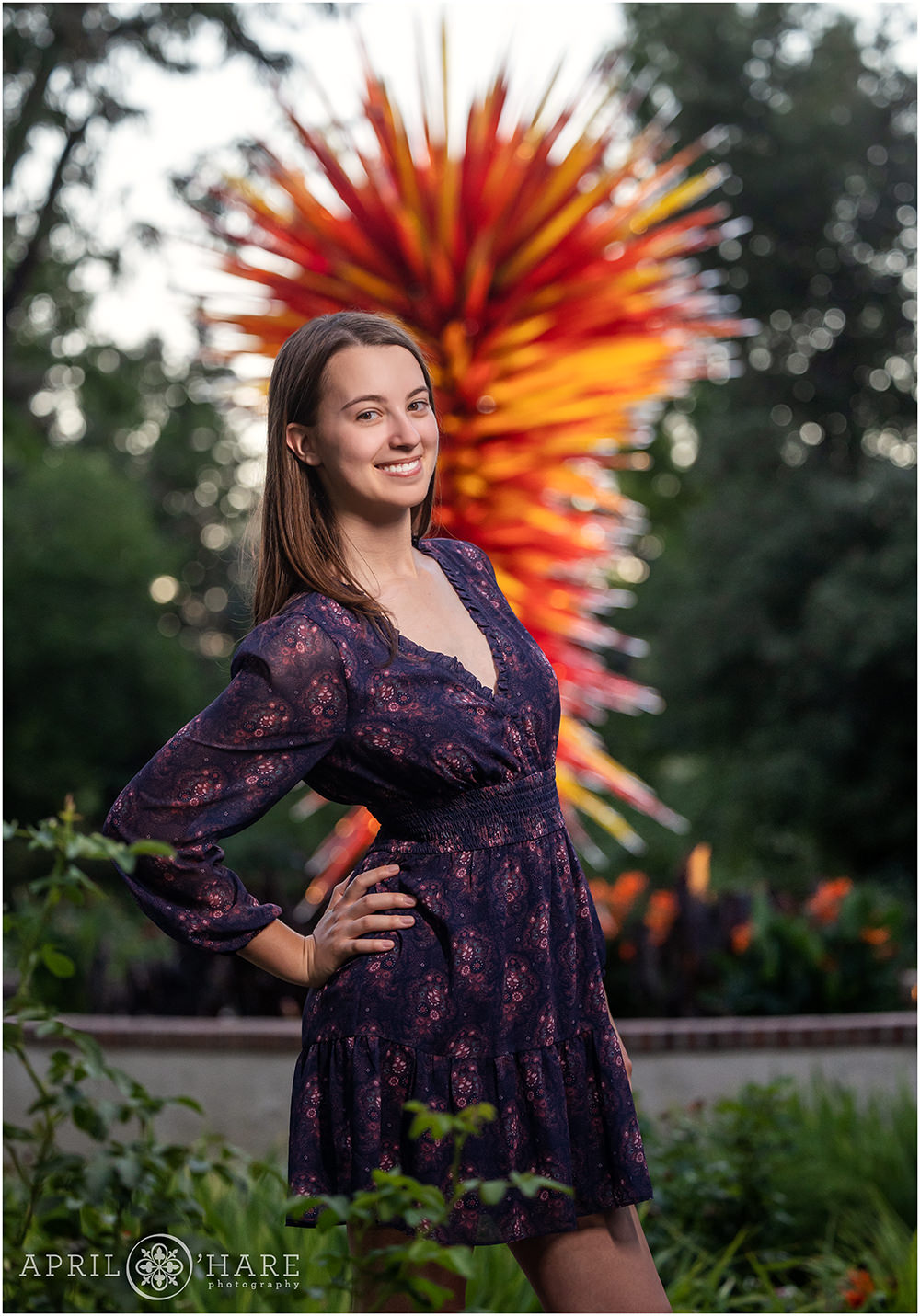 Denver Botanic Gardens High School Senior Photo in front of the Chihuly Sculpture
