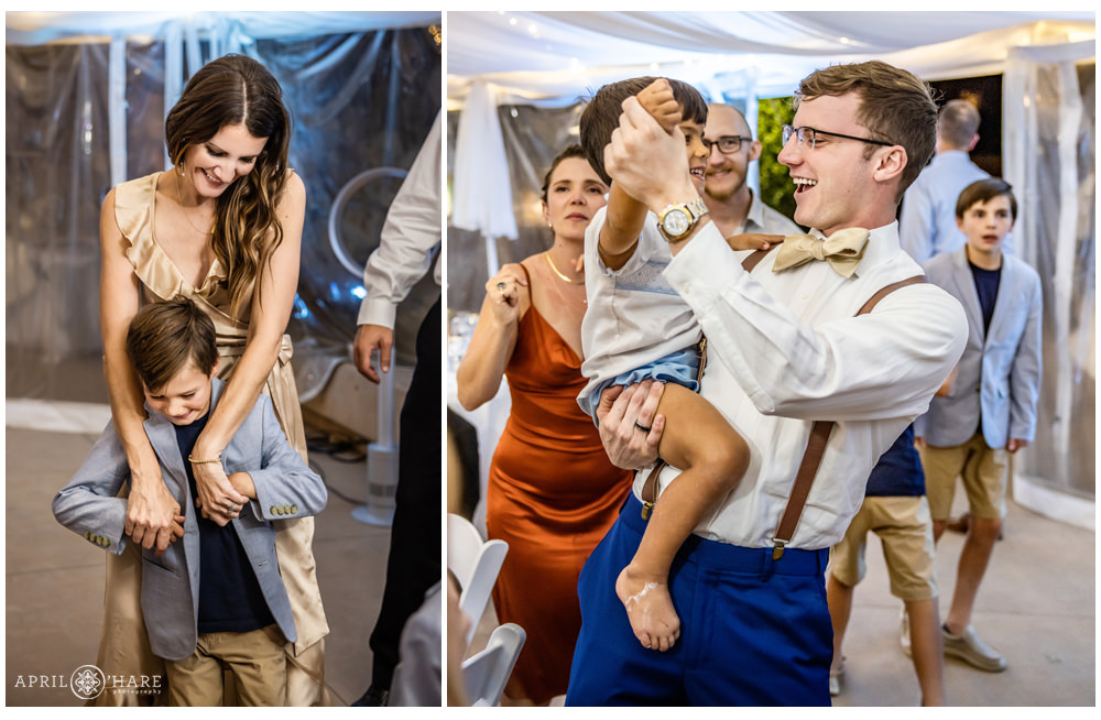 Family dancing at their sister's castle wedding in Colorado