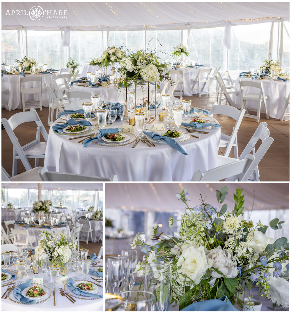 Pretty light blue and green wedding decor for a Colorado tent wedding at Cherokee Ranch and Castle