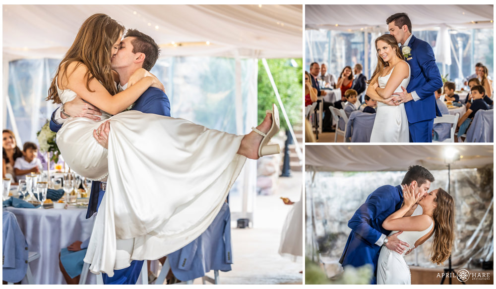 Bride and groom dance their first dance in a tent at a Castle in Colorado