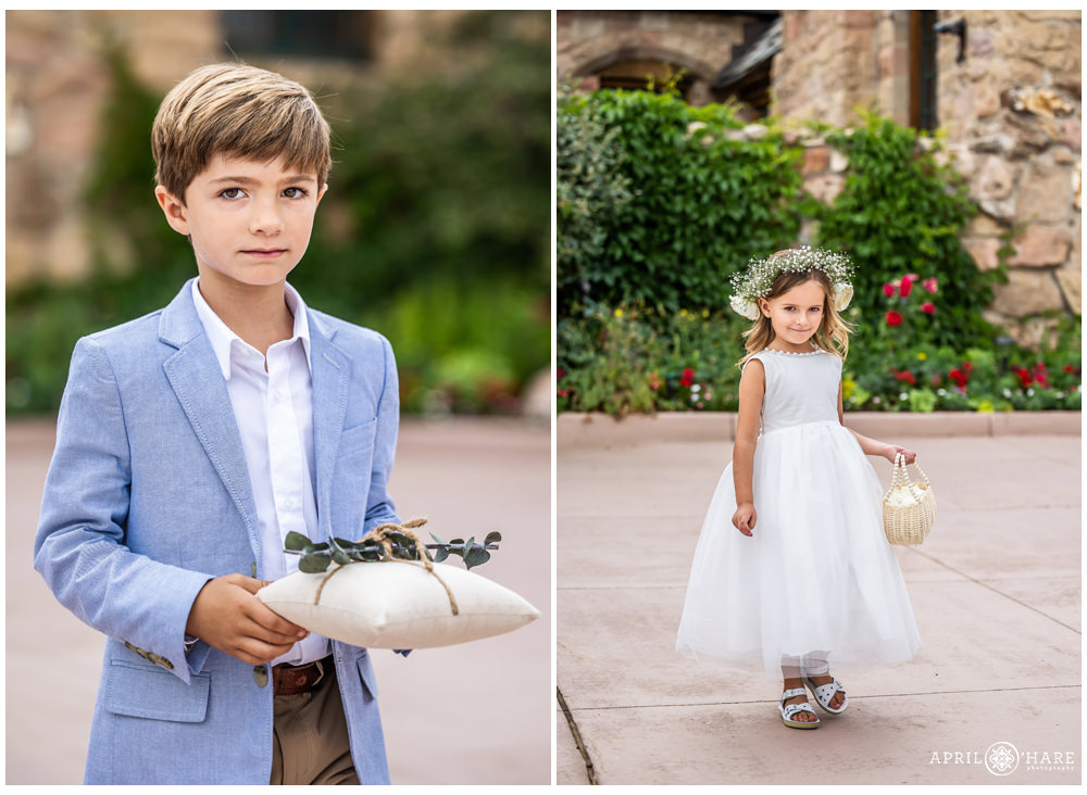 Ring bearer and flower girl at a castle wedding in Colorado