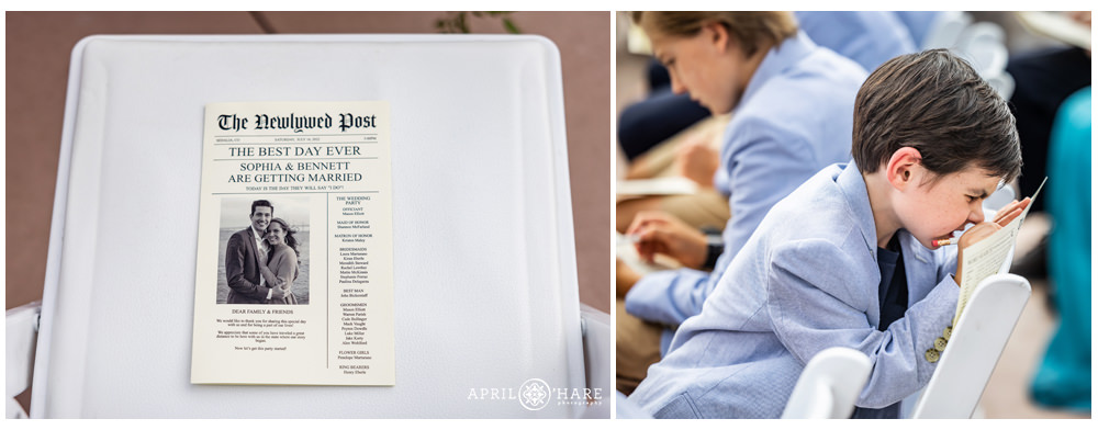 The Newlywed Post printed wedding program at a summer wedding at a Colorado castle