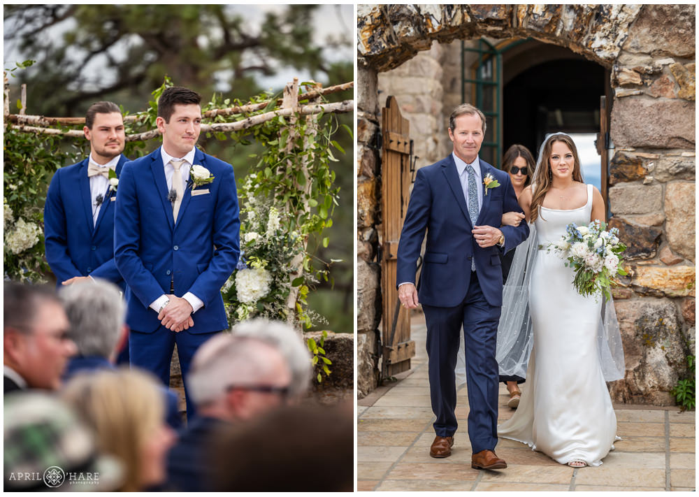 Groom looks at his bride as she walks down the aisle at their castle wedding in Colorado