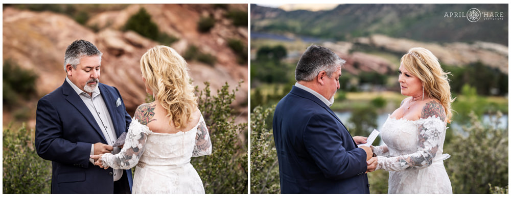Outdoor elopement with couple saying their vows at East Mount Falcon Trailhead in Colorado
