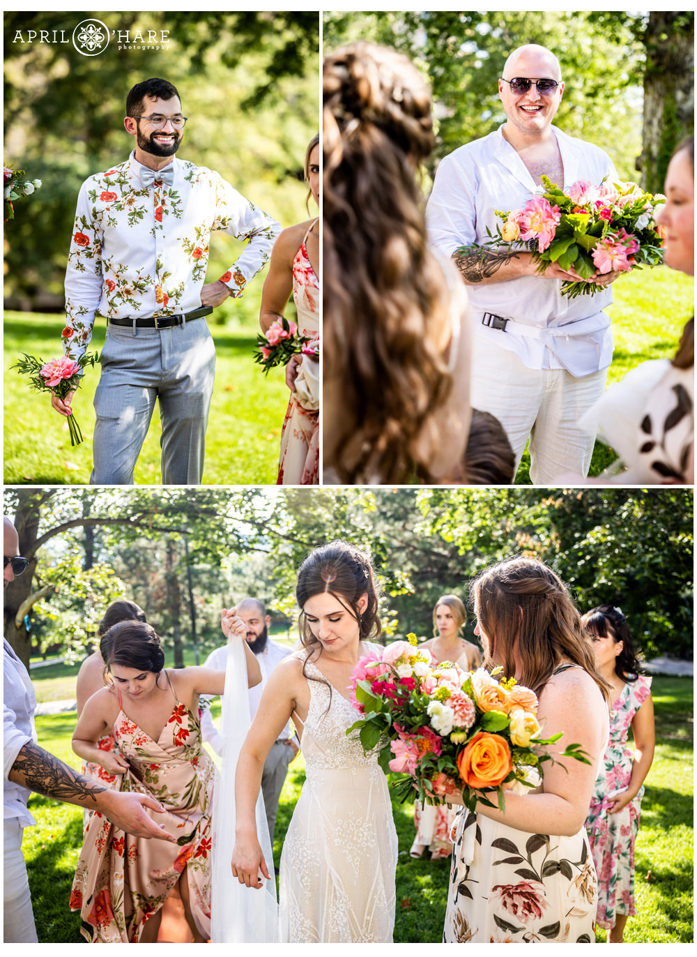 Photo collage of friends hanging out while bride gets her dress bustled at the Grant Humphreys Mansion in Denver
