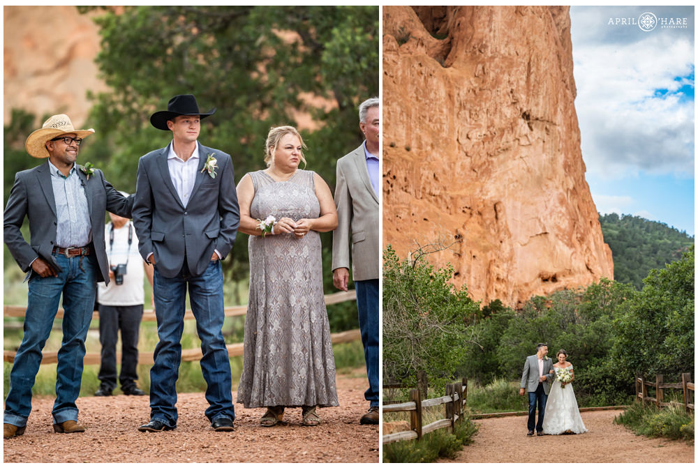Bride walks down the aisle with pretty red rock scenery in the backdrop as her groom waits for her at Jaycee Plaza at Garden of the Gods