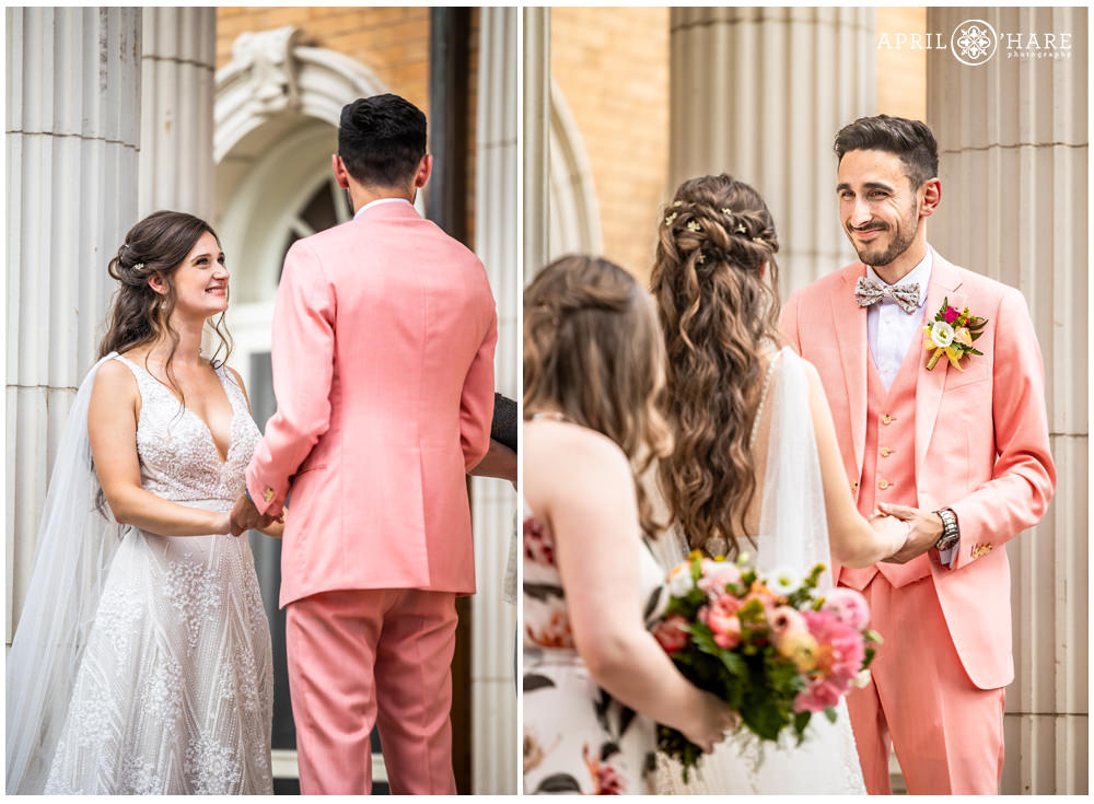 Bride and Groom smile at each other during their wedding ceremony at Grant Humphreys Mansion in Denver