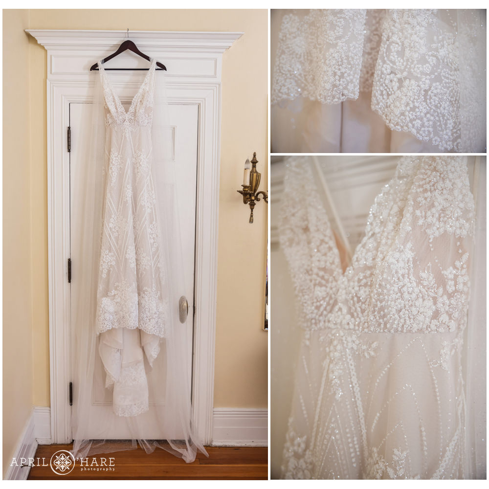 Photo collage of bride's beautiful beaded dress hangs in the bridal suite at Grant-Humphreys Mansion in Denver