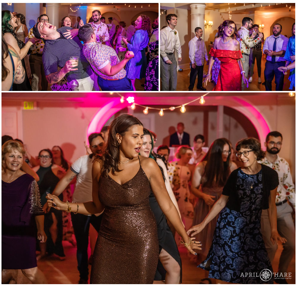 Wedding guests dance together at the Grant-Humphreys Mansion in Denver