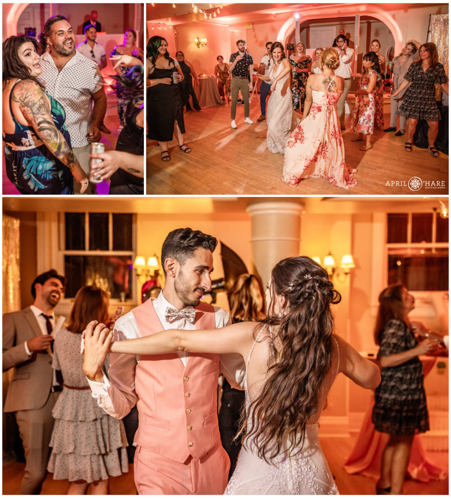 Wedding guests dance in the basement dance floor area at Grant-Humphreys Mansion in Denver