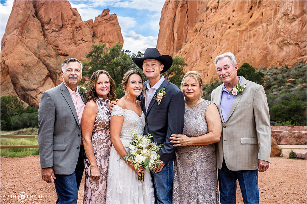 Family photos at Garden of the Gods in Colorado Springs at a summer wedding