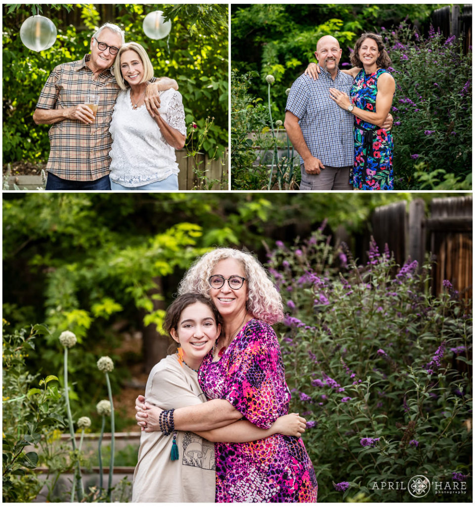 Family photos in the garden at a Backyard Bar Mitzvah Party in Colorado