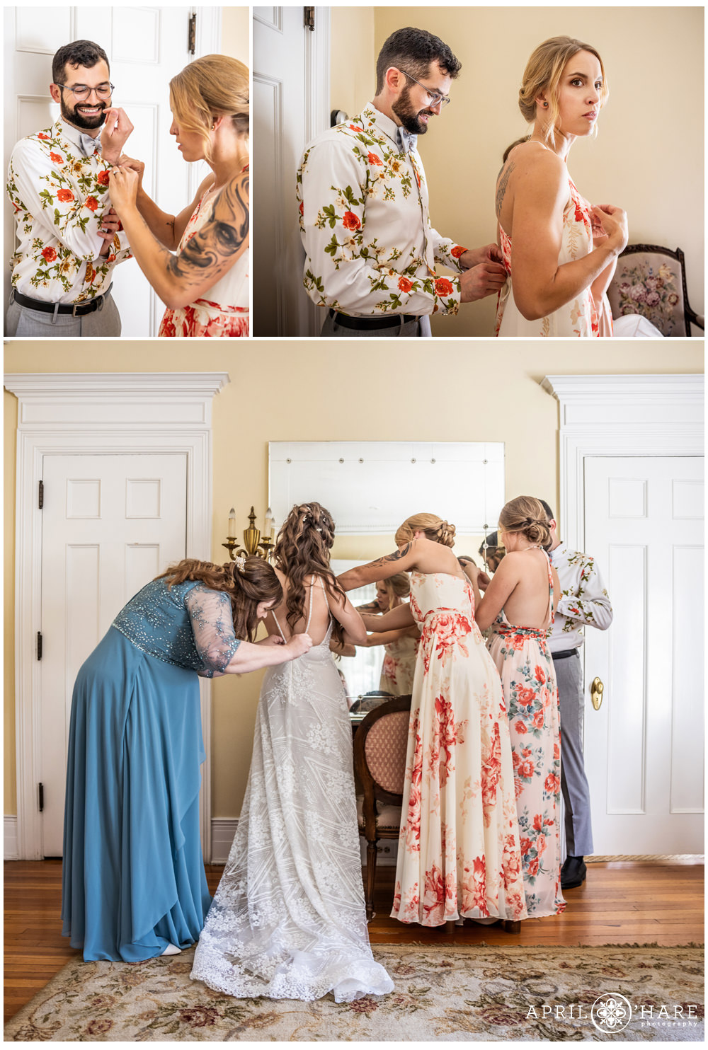 Bride getting ready in the bridal suite at Grant Humphreys Mansion in Denver