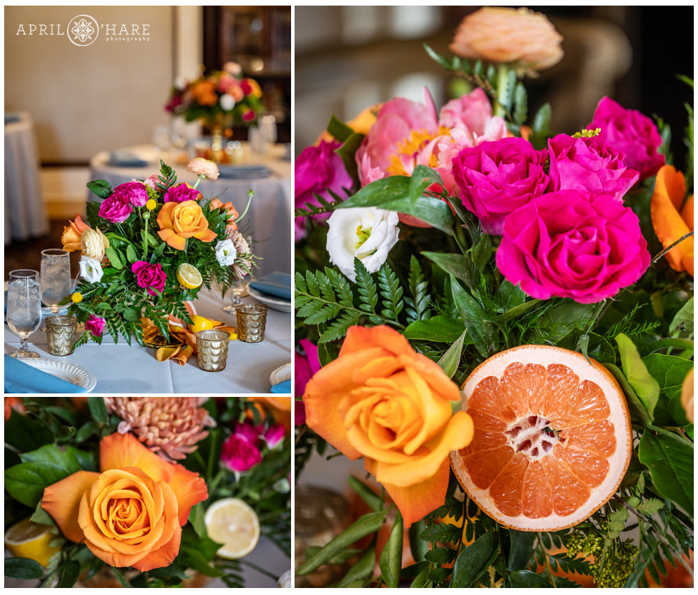 collage of detail photos showing the citrus fruit and bright pink and tangerine colored florals in Denver