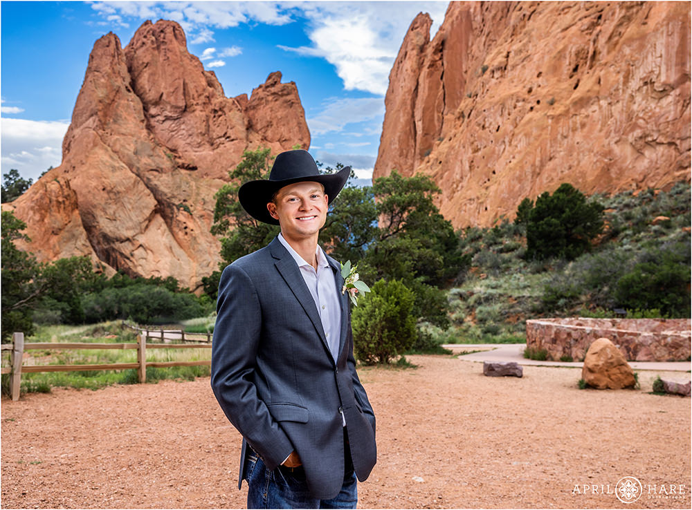 Groom portrait with pretty Red Rock Backdrop at Garden of the Gods in Colorado Springs