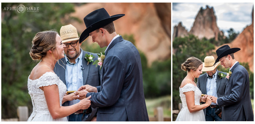 Ring exchange at a Garden of the Gods wedding at Jaycee Plaza in Colorado Springs Colorado