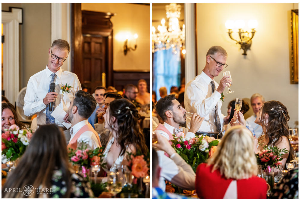 Dad gives a speech on the day of his daughter's wedding celebration at Grant Humphreys Mansion in Denver