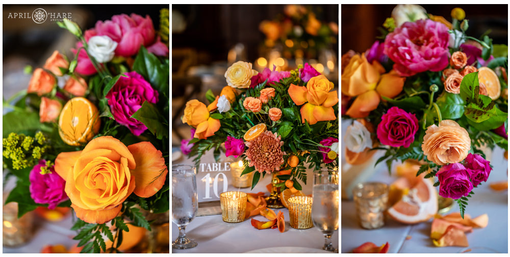 Gorgeous photo collage showing the stunning pink and orange tangerine colored florals created by Parsley and Valentine Florist for a Grant-Humphreys summer wedding in Denver