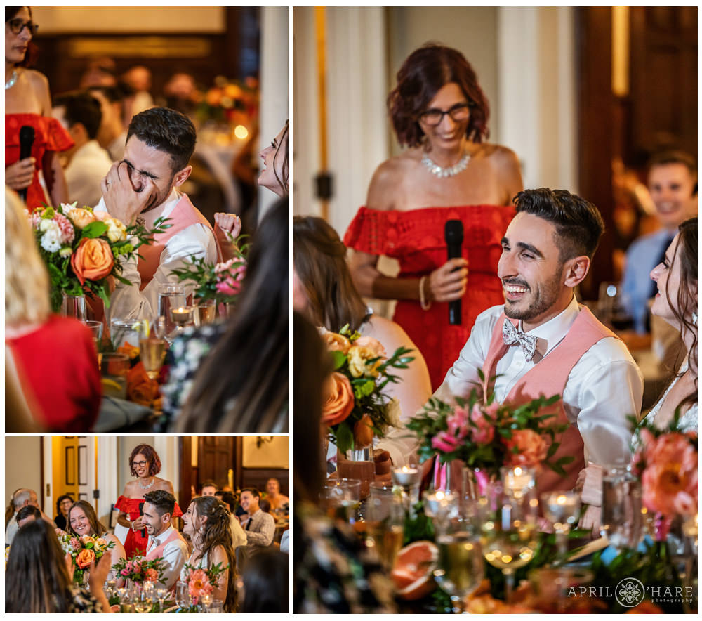 Groom's mom makes him laugh during her toast at his wedding at the Grant-Humphreys Mansion in Denver
