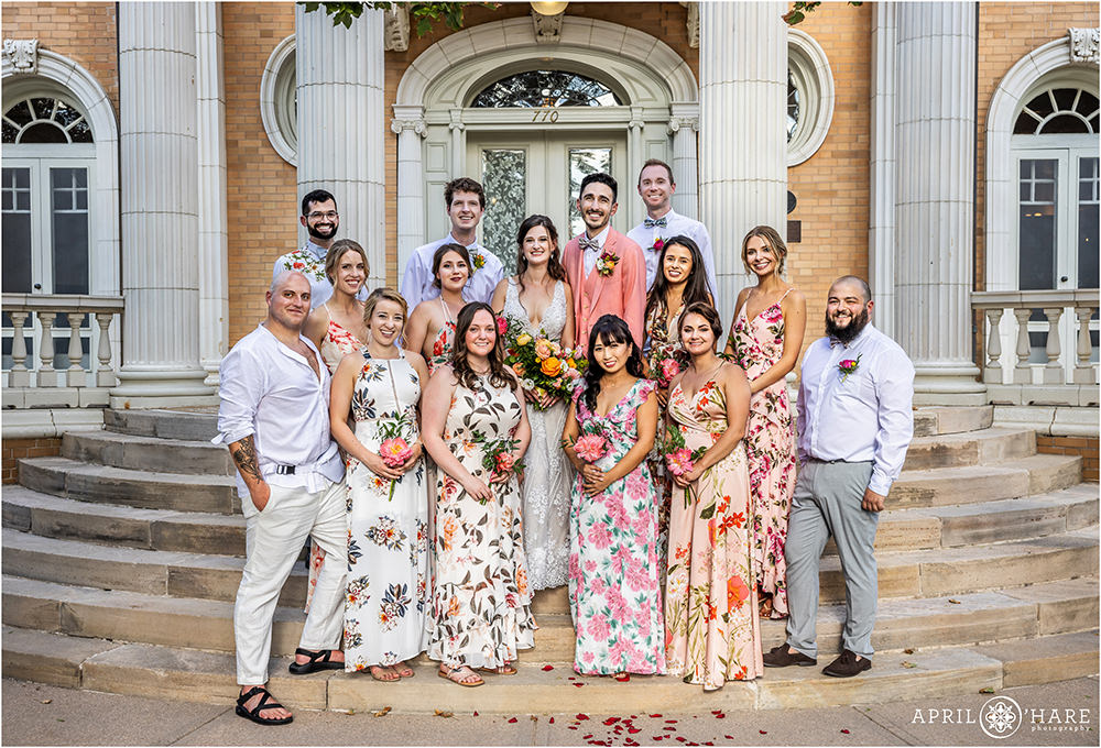 Wedding party wearing florals at the Grant Humphreys Mansion in Denver