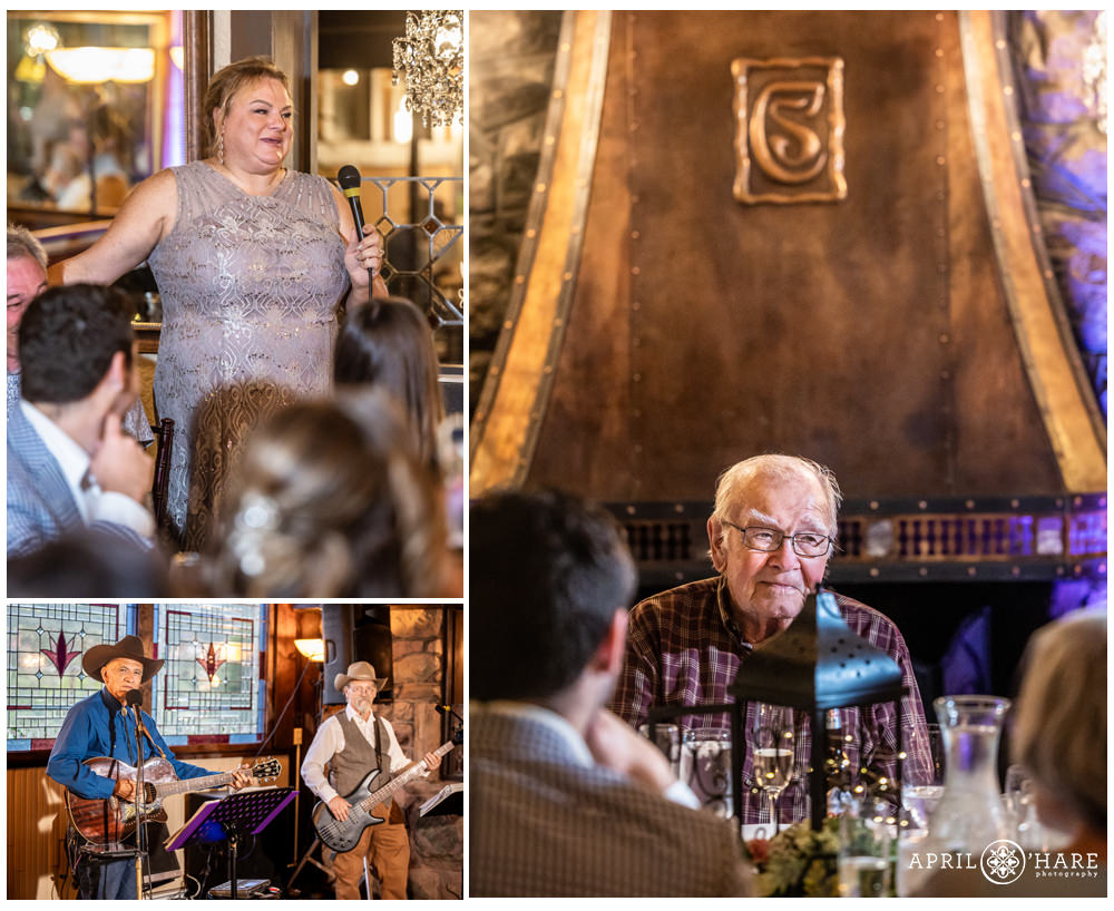 Scenes from an indoor wedding reception at Craftwood Inn in Manitou Springs CO