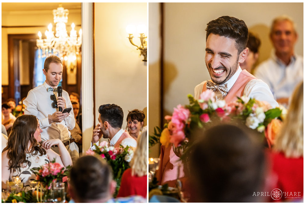 Groom's best man makes him laugh during his wedding toast at the Grant-Humphreys Mansion