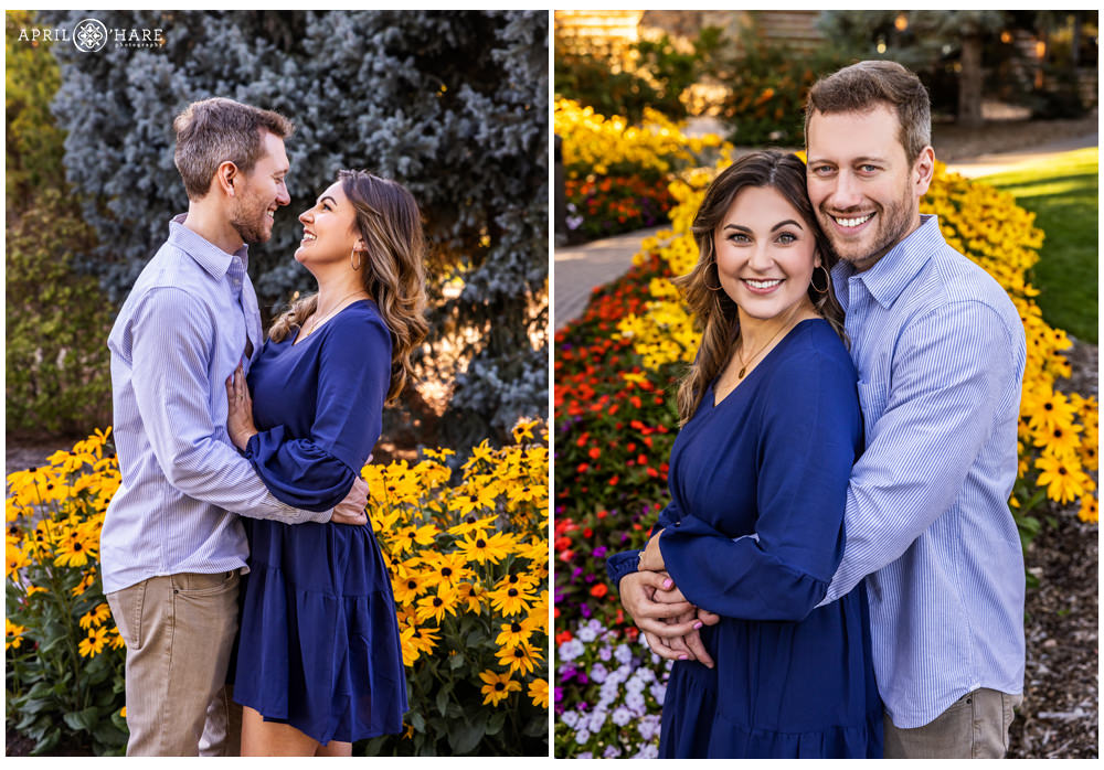 Photo collage of a couple at their family photoshoot in the fall florals at Hudson Gardens