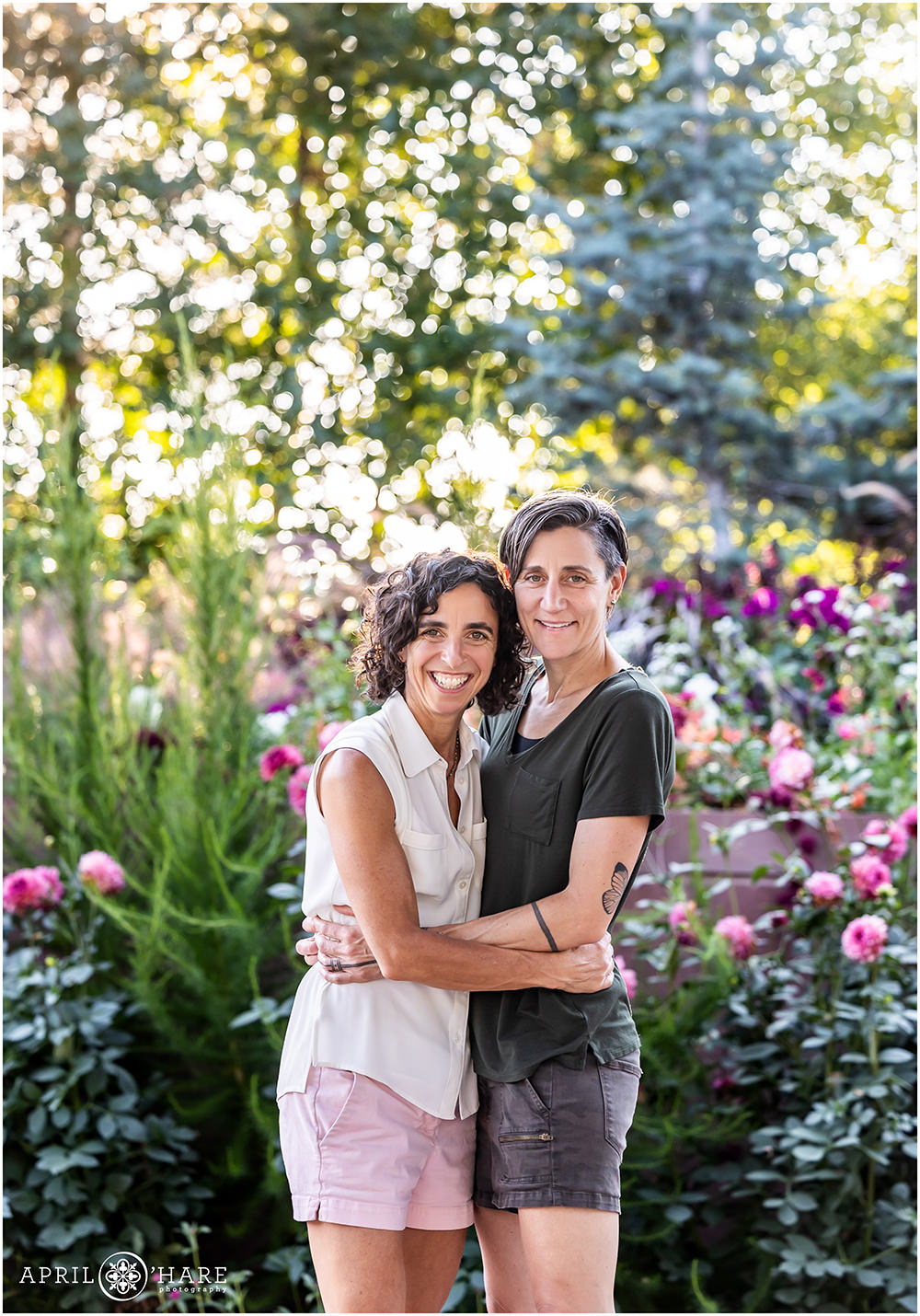 Beautiful pretty pink garden setting for a couples portrait at Denver Botanic Gardens