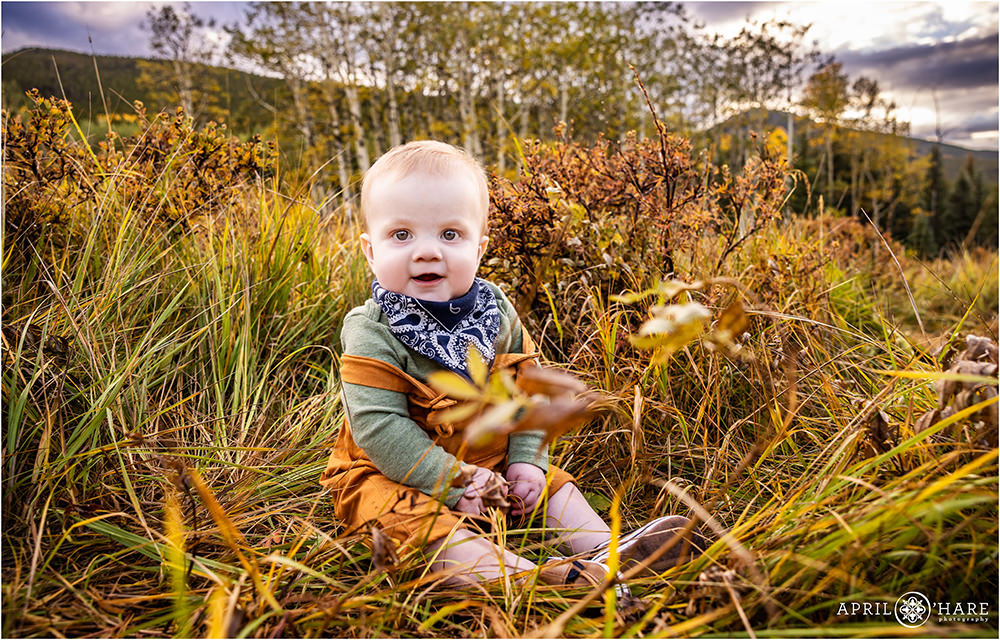 Beautiful little baby boy sitting in the fall color in Colorado mountains