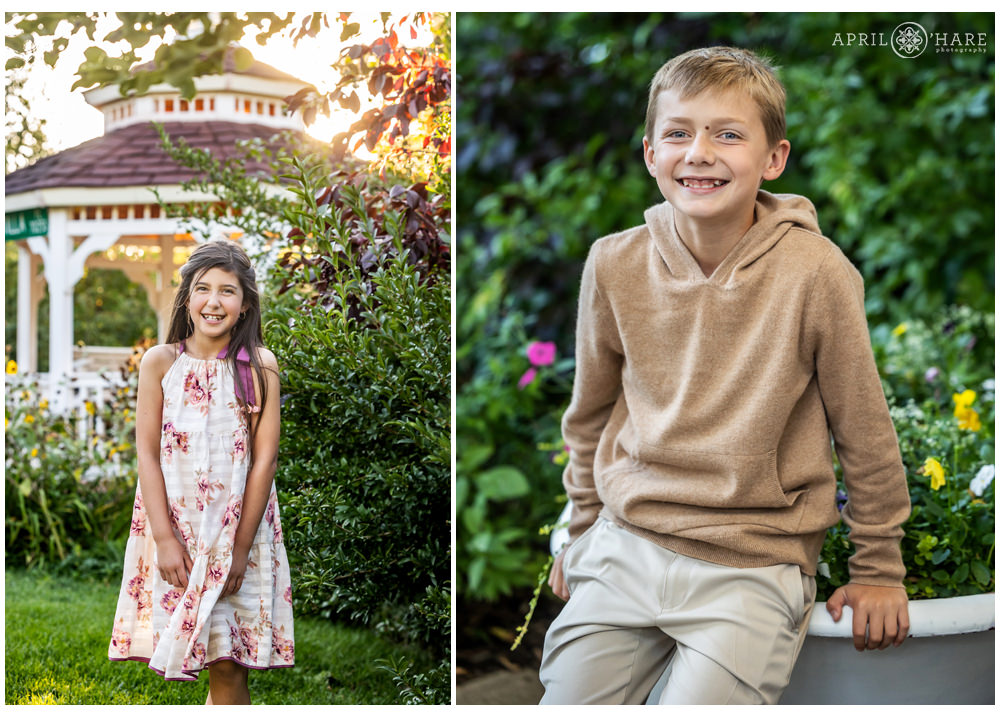 Individual portraits of kids in their backyard home garden in Littleton Colorado