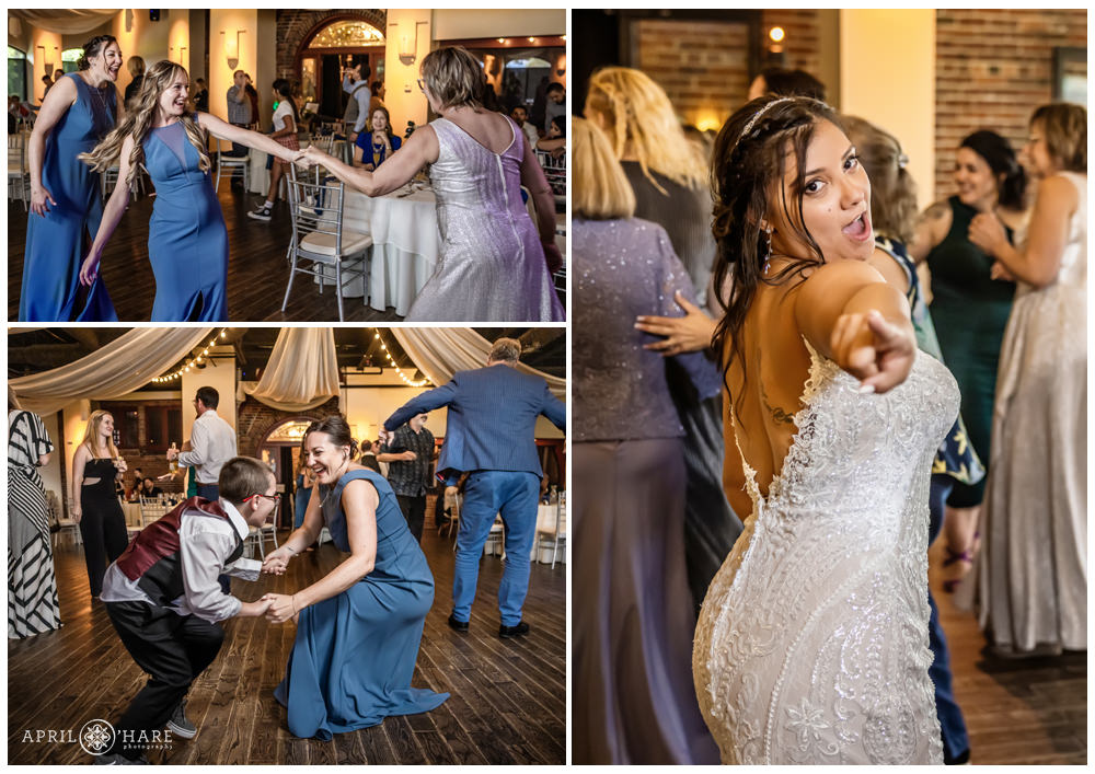 Photo collage of wedding guests dancing in the ballroom at Wellshire Event Center