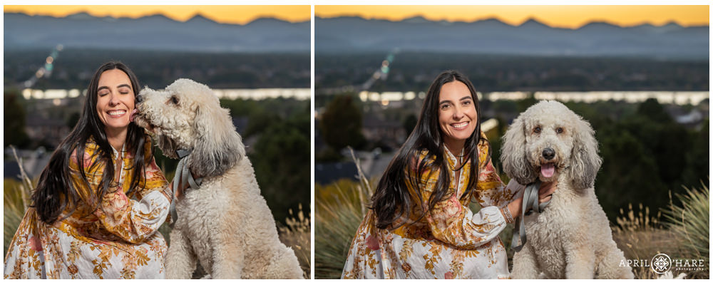 A pretty mama poses for a couple of cute photos with her sweet goldendoodle dog in Littleton CO