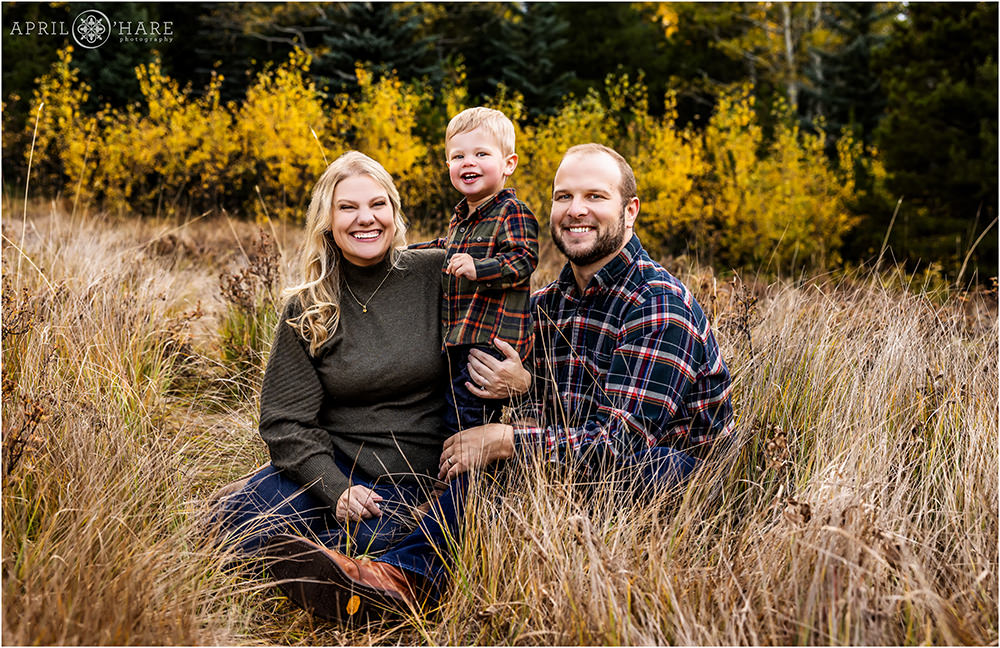 Adorable 2 year old toddler with his parents sits in a field of tall grass on Squaw Pass Road in Evergreen CO