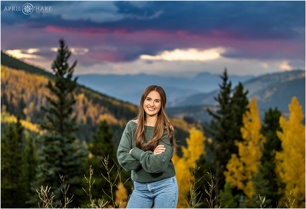 Beautiful sunset on a fall evening senior portrait on Squaw Pass Road
