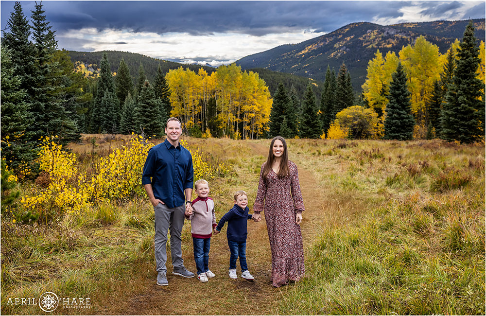 A family of four hold hands in a beautiful mountain meadow with aspen trees in the backdrop on Squaw Pass Road